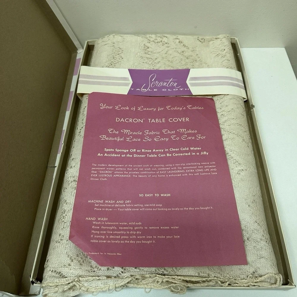 Vintage SCRANTON Lace Ivory Dacron Tablecloth 54 x 72 NEW